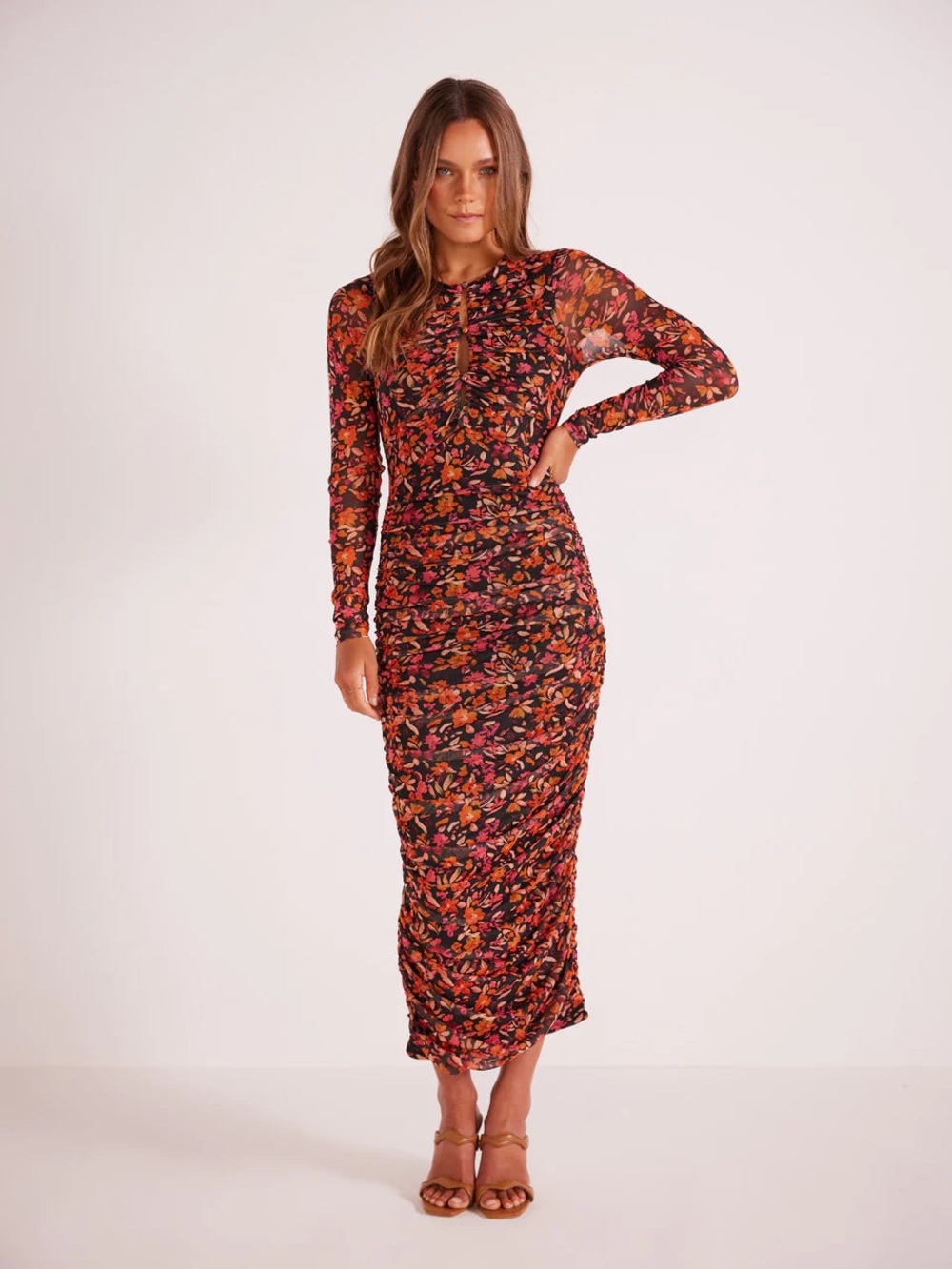 MINKPINK Floral Mesh Midi Dress Size S NWOT | Ruched Bodycon Vacation Wedding